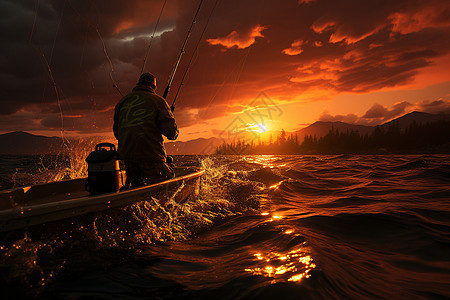 夕阳下的深海捕鱼图片