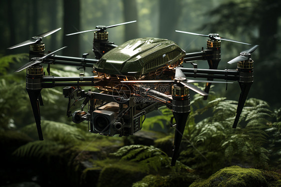 无人机在森林中传递重要包裹图片