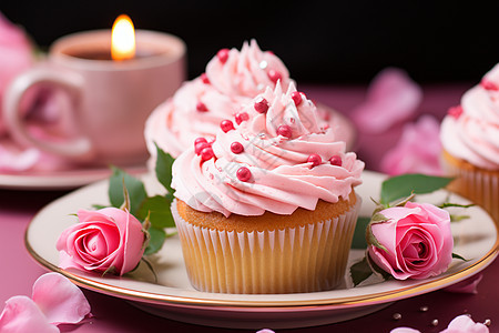 粉色玫瑰和蛋糕图片