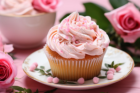 粉色桌布上的奶油蛋糕图片