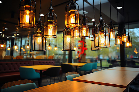 餐厅灯具咖啡厅里的灯具和座椅背景