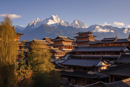 玉龙雪山和古镇背景