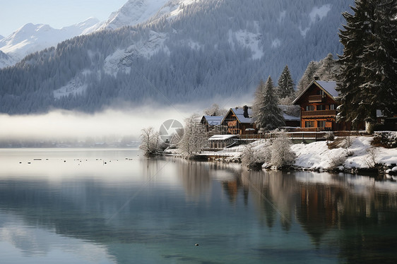 安静的雪景小屋图片