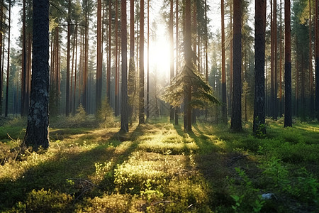 清晨阳光照耀下的森林绿野高清图片