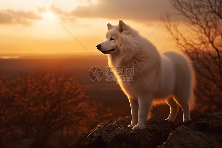 金色暮光下的萨摩耶犬图片