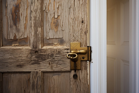 木制大门上的锁图片