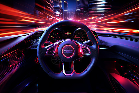 充满未来感的汽车方向盘驾驶室图片