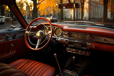 古董汽车驾驶室方向盘图片