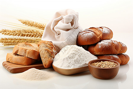 烘焙制品和麦穗以及面粉背景图片