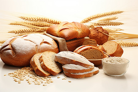 烘培面包烘焙制品和麦穗背景