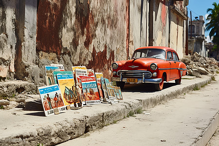 老式轿车停在路边的海报摊边图片