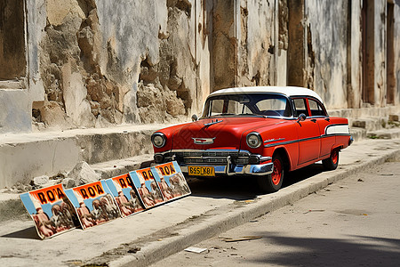 杂志海报老式轿车停在路边背景