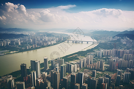 现代城市的河流和建筑高清图片