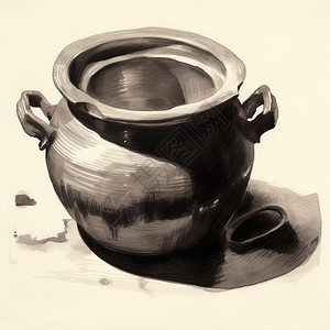 一个陶瓷锅子的素描画图片