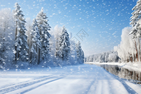 森林中下雪的公路图片