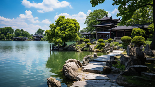 中式传统花园中国古代园林建筑背景