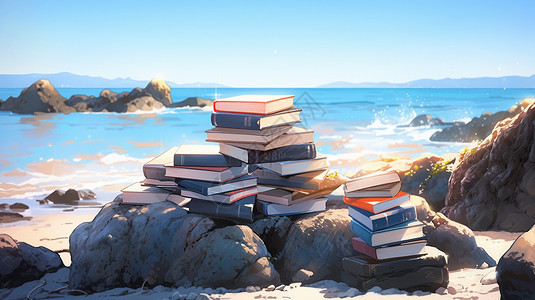 一堆书放在海滩的岩石上背景图片