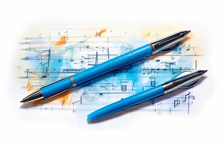 蓝色签字笔签字笔和乐谱背景