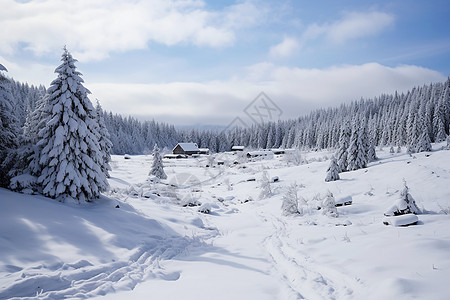 冰雪山间的小屋高清图片