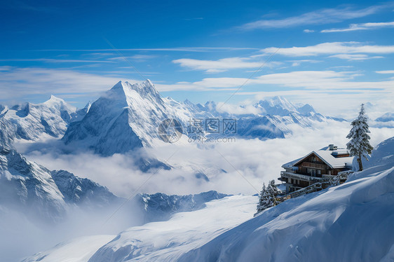 悬崖上的雪景小屋图片