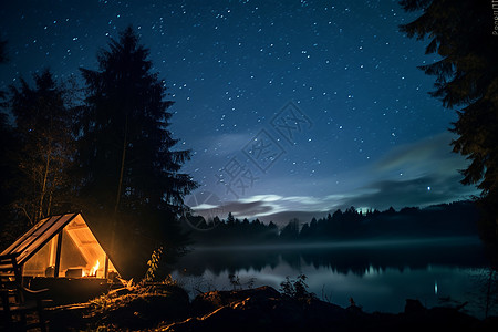 湖边露营极光之夜背景