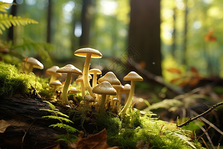 小蘑菇在森林里阳光下生长图片