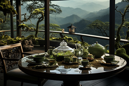 竹林流水茶馆观山背景