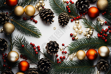 圣诞树上装饰着装饰品和松果高清图片