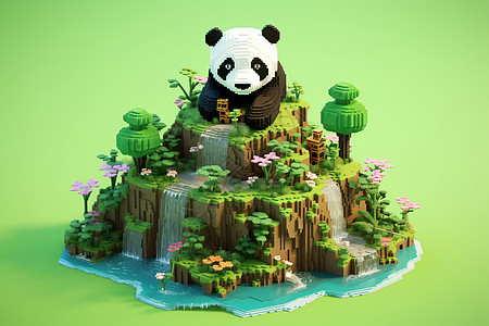 像素熊猫趴着瀑布上图片
