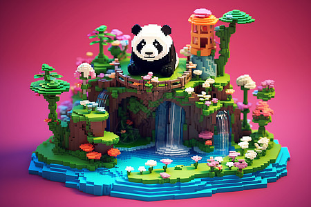 积木风景里的熊猫图片