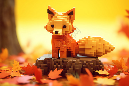 落叶飞舞的下的积木狐狸图片