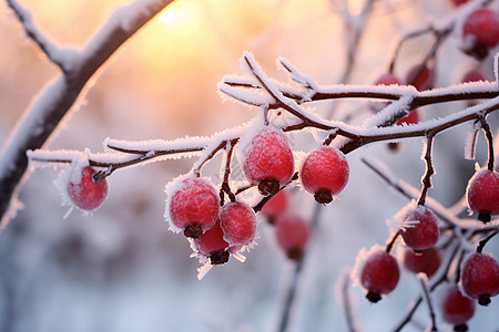 树枝上的雪结冰的红色树枝高清图片