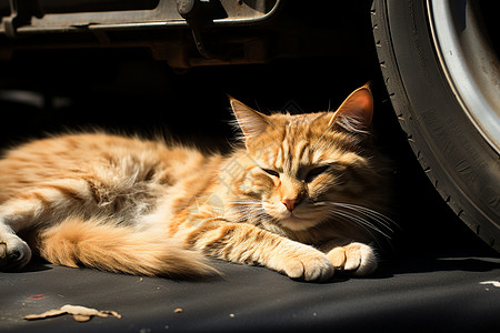 睡在车下的猫咪图片