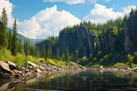 山川湖畔山川环绕的湖畔背景