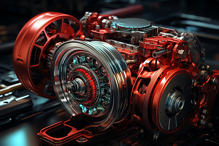 机械之美：红色引擎在黑色背景上绽放光彩图片