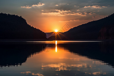 湖面的日出美景图片