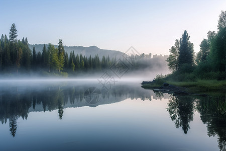 走进湖畔森林雾气的湖畔风景背景