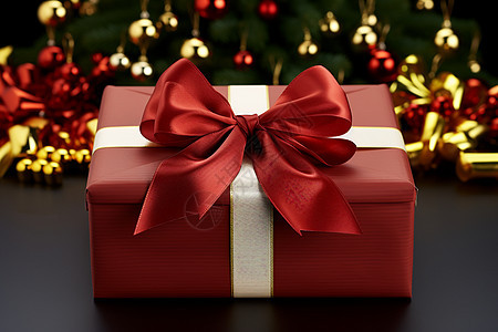 圣诞饰品前的红色礼盒图片