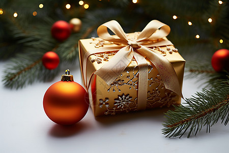 装饰圣诞树的金色礼盒图片