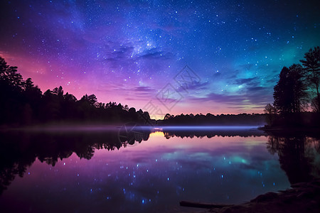 星光洒落夜晚的湖面上图片