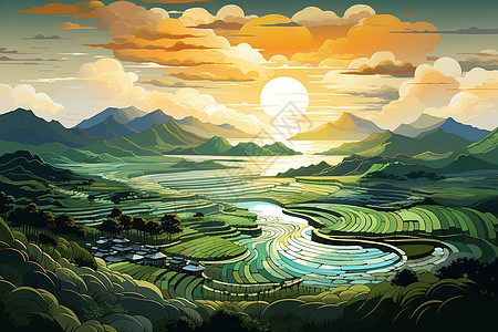 夕阳映照下的稻田美景图片