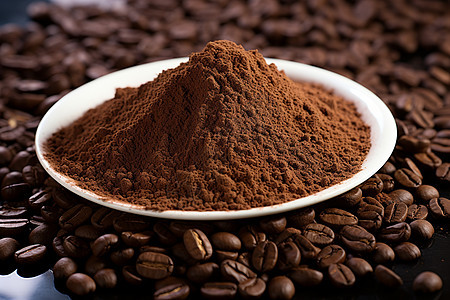 咖啡豆与一堆咖啡粉图片