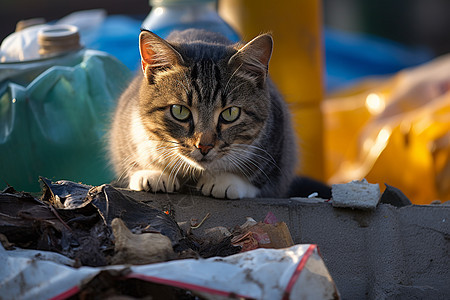 可爱小猫在垃圾桶旁边图片