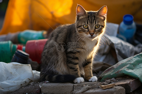 小猫咪在垃圾堆旁图片