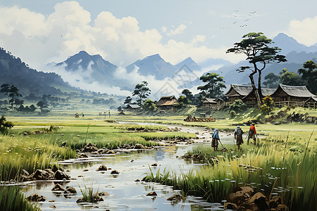 山水相映的稻田图片