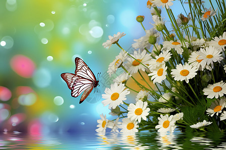 水中的一束花上飞着一只蝴蝶图片