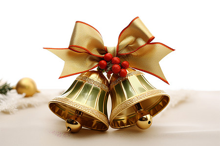圣诞节的金色蝴蝶结铃铛背景图片