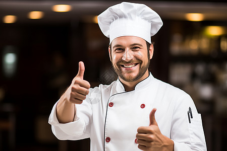 点赞厨师年轻的厨师微笑着竖起大拇指背景