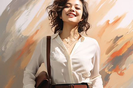 油画前背着皮包的年轻女性背景图片
