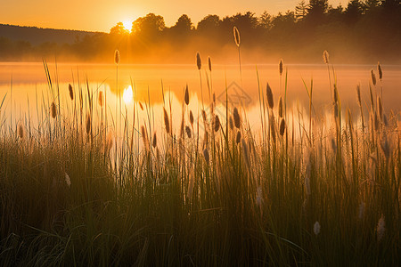落日余晖洒在湖面上图片